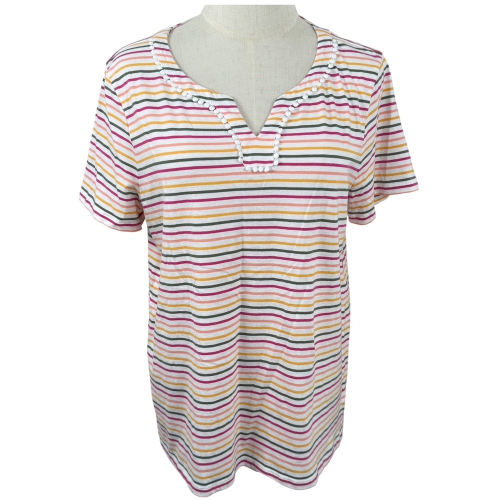 Talbots L Top Colorful Rainbow Striped Pom Pom Notch V Neck Cotton Coastal EUC